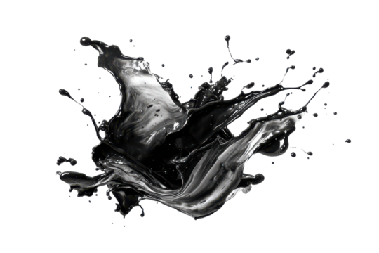 Dynamic water splash abstract shape isolated on transparent background. Dynamic black liquid splash frozen dark fluid isolated on white background. - Powered by Adobe