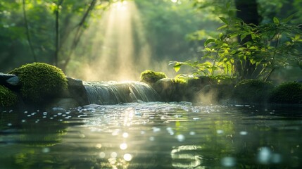 Fototapeta premium A small cascading waterfall in a lush green forest, with soft golden rays of sunlight streaming through mist and foliage, reflecting in clear water, a magical natural spa-like atmosphere of peace.