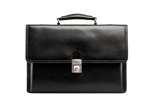 Classic black leather briefcase isolated on transparent background. Stylish black leather briefcase with silver clasp isolated on white background.
