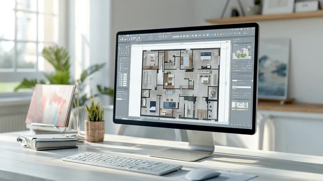 Desktop computer displaying architectural floor plan design inside bright home office