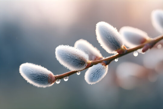 Close up of willow catkins with water drops on branch. Spring plant buds symbolizing new life and Palm Sunday. Early spring nature background.