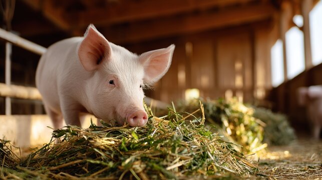 Young pink pig eating fresh hay and green grass inside a wooden barn structure