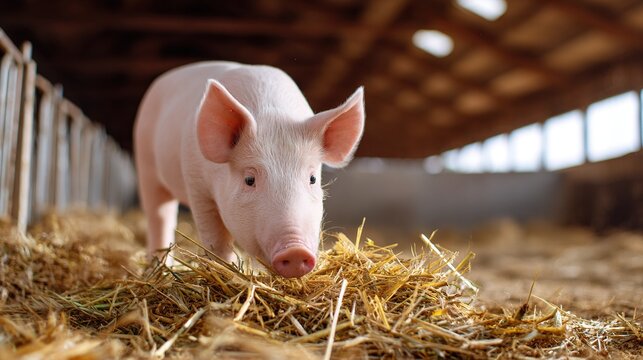 Adorable pink piglet standing in straw inside a dimly lit farm building with bright windows visible