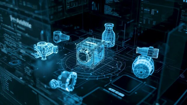Digital blueprint interface displaying transparent mechanical components in futuristic workspace