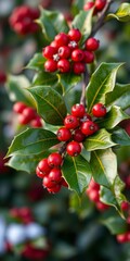 Obraz premium Bright red holly berries glistening on a festive green branch, a classic winter holiday symbol, decoration, natural