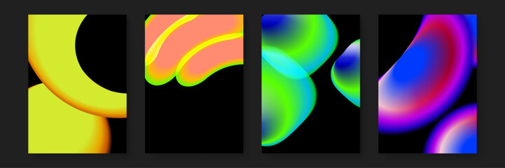 Set of four futuristic posters featuring glowing fluid elements and vibrant mesh gradients for modern branding and artistic presentations
