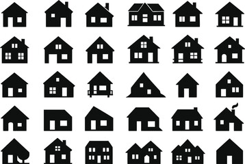 Fototapeta premium 30 House Solid Black Silhouette Icons Set on White Background