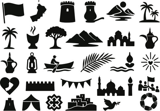 30 Oman National Day Solid Black Silhouette Icons Set on White Background