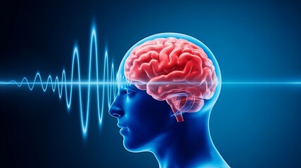 Digital brain with neural activity waves in futuristic blue background