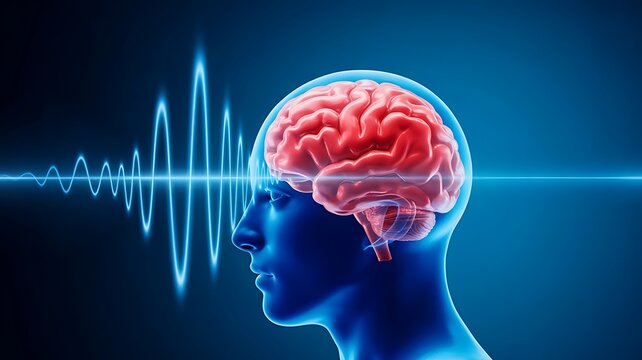 Digital brain with neural activity waves in futuristic blue background