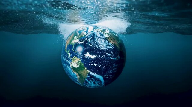 Planet Earth partially submerged underwater with surface ripples and light above