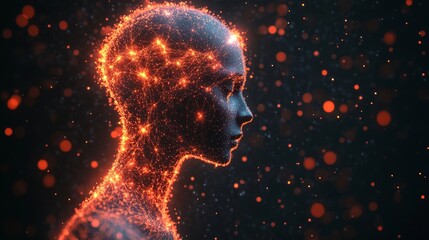 A futuristic glowing wireframe 3D model of a human head made from golden connected nodes and particles, symbolizing technology, innovation, digital networks, artificial intelligence, modern science.