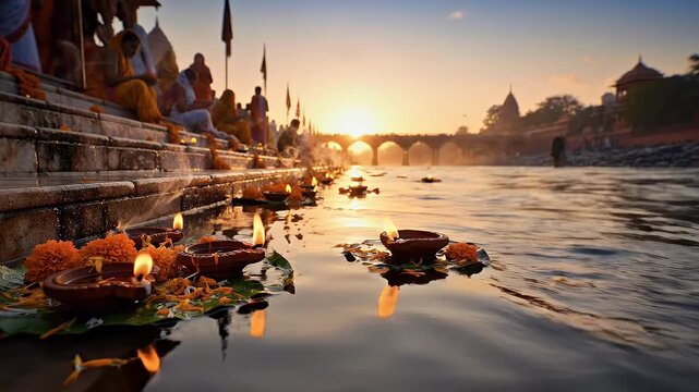 Ganga Puja Devotional Background Sacred River Floating Oil Lamps at Sunset
