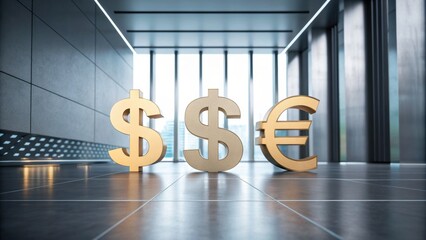 A modern interior with large currency symbols representing financial themes, showcasing a sleek design and a professional atmosphere.