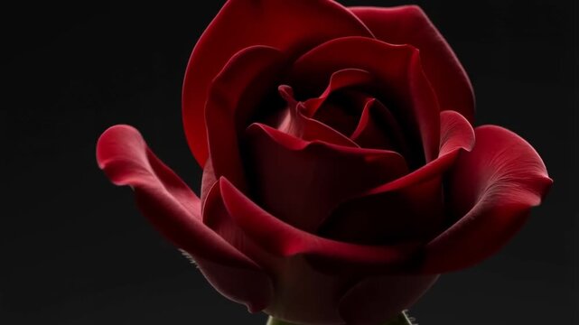 A passionate timelapse of a deep red rose blooming dramatically with velvet petals unfolding against a black backdrop, concept of love declaration and romantic passion
