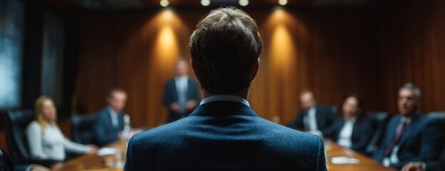 Businessman presenting to his team in a boardroom during meeting