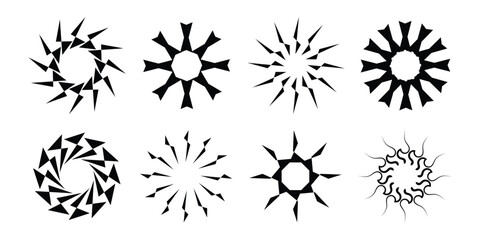 Set of Abstract Black Circular Sunburst Ornaments and Geometric Radial Symbols Isolated on White