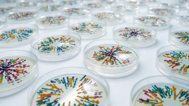 Petri dishes containing colorful bacterial colonies arranged in repeating laboratory pattern