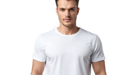 Attractive young athletic man wearing a plain white crew neck t-shirt posing confidently for a studio portrait on transparent background