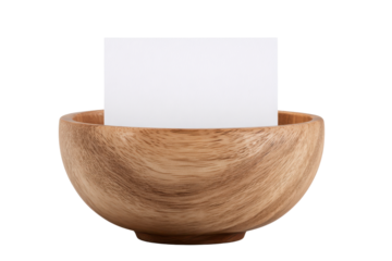 Blank white card in wooden bowl isolated on transparent background. Wooden bowl with white paper card ready for text isolated on white background.