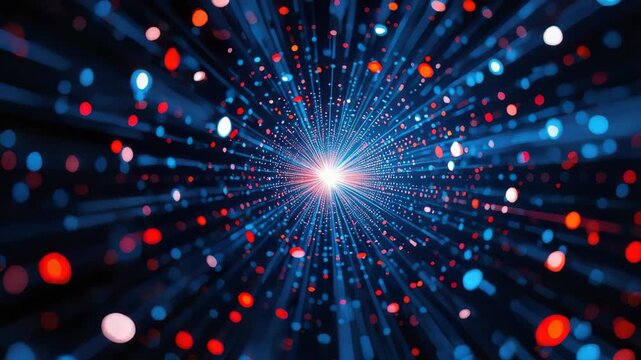Radiant light burst of blue and red digital particles creating glowing radiance and dynamic depth