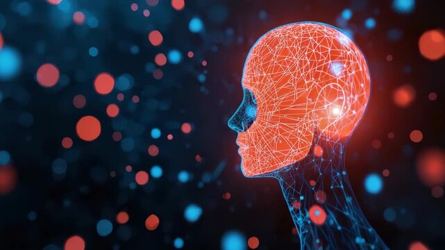 Digital human head wireframe glowing red with neural network and futuristic wireframe energy