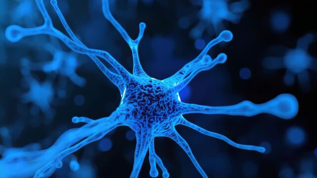 Blue neuron cell with branching dendrite and axon network glowing synapse connections neuroscience