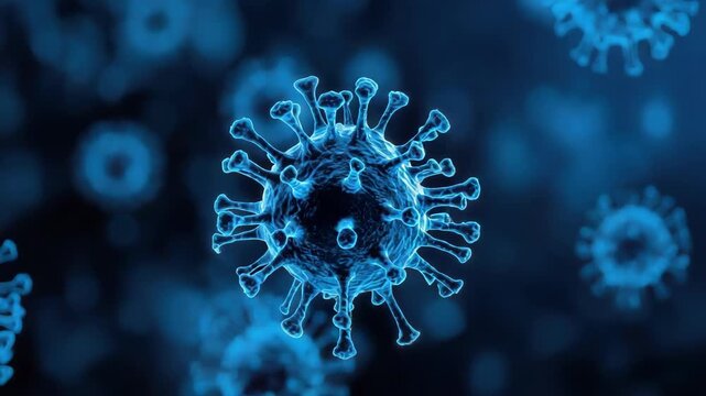 Blue microscopic virus particle closeup showing infectious pathogen corona spike particles floating