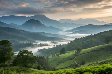 Obraz premium Mist-Kissed Mountains: Capturing the tranquility of nature, a breathtaking panorama unfolds as layers of majestic mountains recede into the distance, shrouded in ethereal mist.