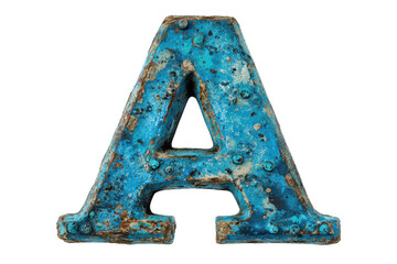 Aged and weathered turquoise letter A isolated on transparent background. Weathered blue letter A isolated on white background.
