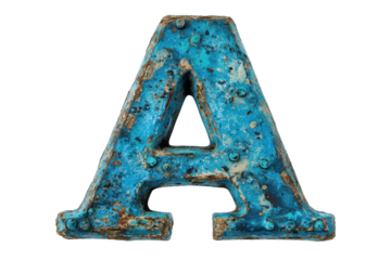 Aged and weathered turquoise letter A isolated on transparent background. Weathered blue letter A isolated on white background.