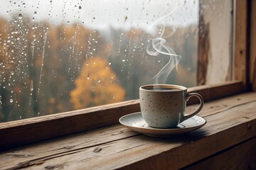 Obraz premium Cup of coffee on wooden table with white mug and saucer surrounded by breakfast items