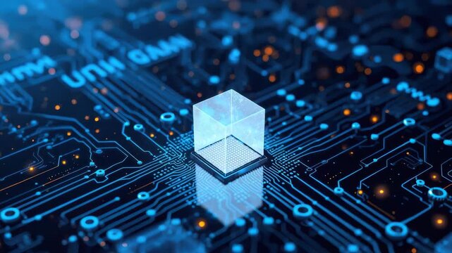 Transparent blue cube glowing microchip circuit motherboard conveying digital data flow