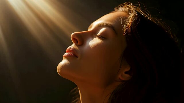 Side profile portrait of woman with closed eyes illuminated by warm directional light beam