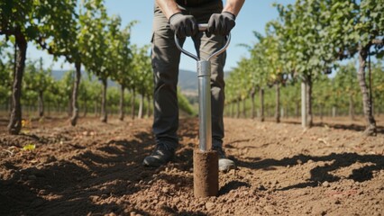 Fototapeta premium Soil Sampling in Vineyard: Farmer Extracting Soil Core for Analysis and Sustainable Agriculture Practices