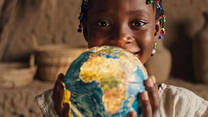 Young African girl holding glowing earth globe in poverty setting showing hope - Powered by Adobe