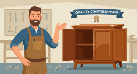 木匠展示完成作品
Flat vector illustration of a carpenter proudly showing a finished wooden product. Flat vector style, achievement and quality theme.