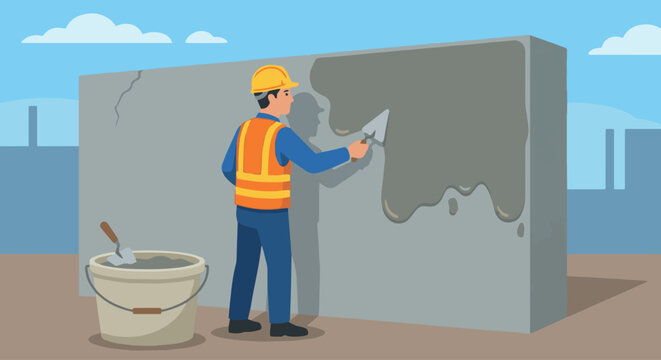 泥水匠抹水泥牆面
Flat vector illustration of a mason smoothing cement on a wall with a trowel. Bucket of cement nearby. Flat vector style, clear.