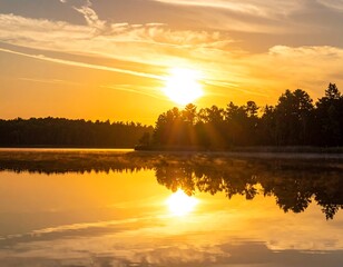 Obraz premium A serene lake at sunset with trees