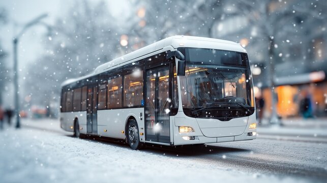 Snow falls on a city bus driving down the street in winter during a snowy day in the city
