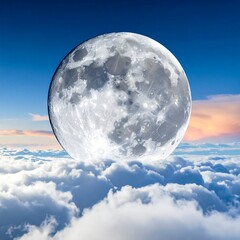 A large moon floating above fluffy white clouds under a blue sky