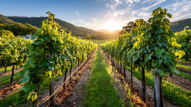 Vineyard at Sunset With Rows of Grape Plants and Mountains in the Background