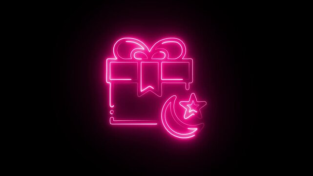 Neon gift box with crescent moon and star symbolizing Ramadan or Eid celebration in a vibrant festive atmosphere with a bright pink glow in a simple yet elegant design on a black background.
