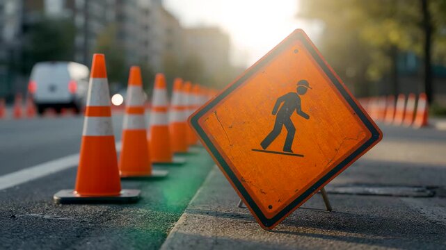 Road construction warning sign with pedestrian symbol beside traffic cones on city street