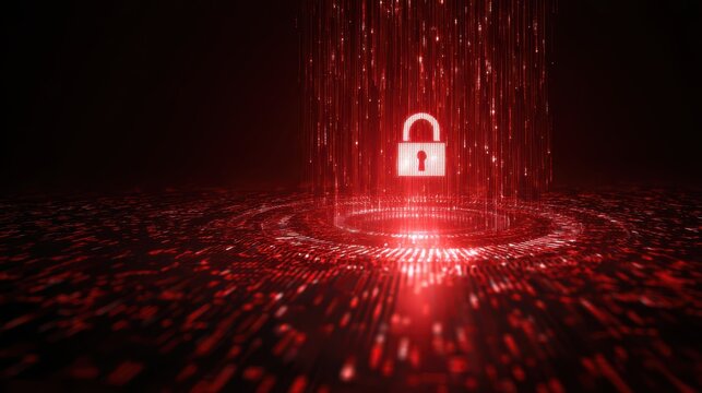 Abstract concept of digital security featuring a glowing padlock symbol with red binary rain, representing data protection and cybersecurity measures in technology.