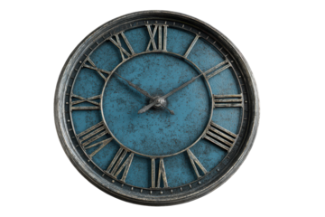 Antique oval clock face with roman numerals isolated on transparent background. Antique clock face with roman numerals blue aged dial isolated on white background.