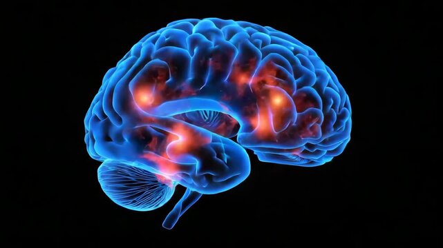 Glowing blue human brain with active orange neural signal and glowing red neural activity cortex
