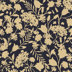 Floral pattern with beige flowers and leaves silhouettes on a dark blue background. Modern floral print. Vector botanical seamless background