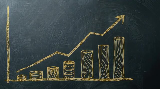 Gold chalk bar chart with rising arrow and gold coin stacks blackboard showing growth