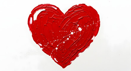 Valentine Day Hand-painted red heart with expressive brushstrokes and white paint splatters on a clean white background, a bold and artistic declaration of love.
